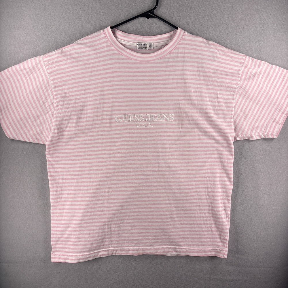 Vintage Guess Jeans USA Striped T-Shirt Womens XL Pink White Embroidered